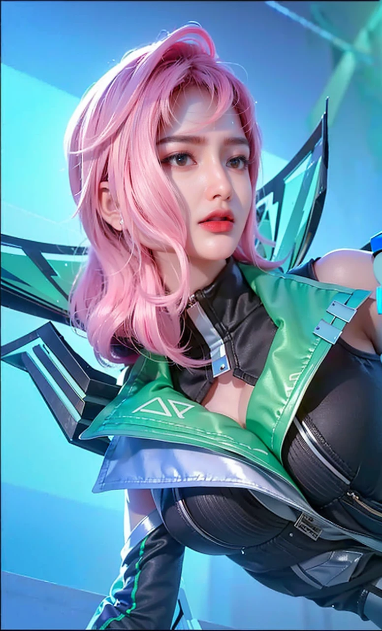 (masterpiece, 8k, RAW photo, photorealistic:1.25) ,( lipgloss, eyelashes, gloss-face, glossy skin, best quality, ultra highres, depth of field, chromatic aberration, caustics, Broad lighting, natural shading, smooth face, smooth skin, without wrinkles) shiny pink hair, bluish white eyes, cool clothes like a model, breast window on the shirt, dark lips, 20 years old, Valentina from mobile legend bang bang