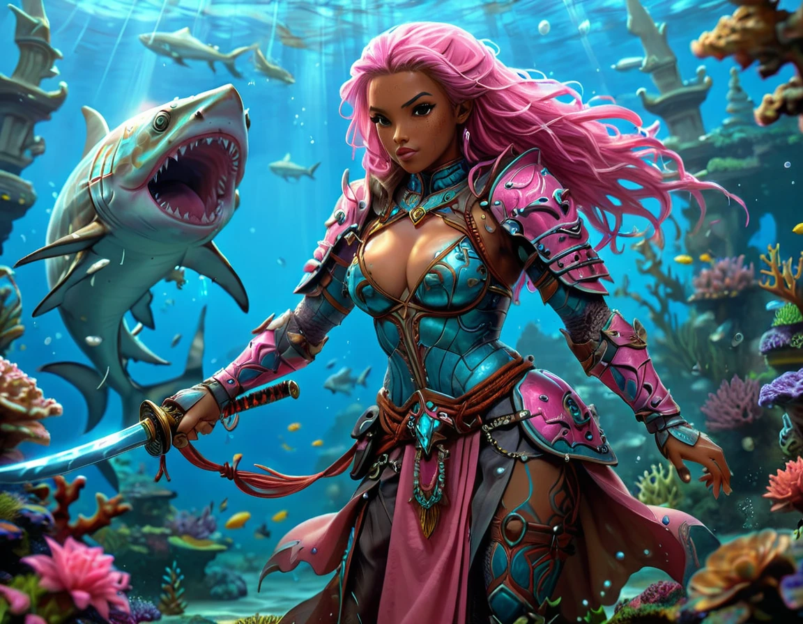 , a wide angle picture of a female human druid swimming along her pet shark, priest of underwater nature, cleric of underwater nature, art full body, ((anatomically correct)), dynamic position (intricate details, Masterpiece, best quality: 1.5) talking to a shark (intricate details, Masterpiece, best quality: 1.5) under the sea  (intricate details, Masterpiece, best quality: 1.5), a human woman wearing scale armor ((intricate details, Masterpiece, best quality: 1.4) leather boots, armed with a katana, DruidMagicAI, thick hair, long hair, pink hair, tan skin intense brown eyes, undersea background (intense details),  night undersea( (intricate details, Masterpiece, best quality: 1.5)high details, best quality, 16k, RAW, (ultra detailed: 1.5), masterpiece, best quality, (extremely detailed), dynamic angle, ultra wide shot, RAW, photorealistic, fantasy art, rpg art, realistic ), dynamic angle,  (intricate details, Masterpiece, best quality: 1.5)), high details, best quality, highres, ultra wide angle, Wielding sword, chumbasket art style, katana