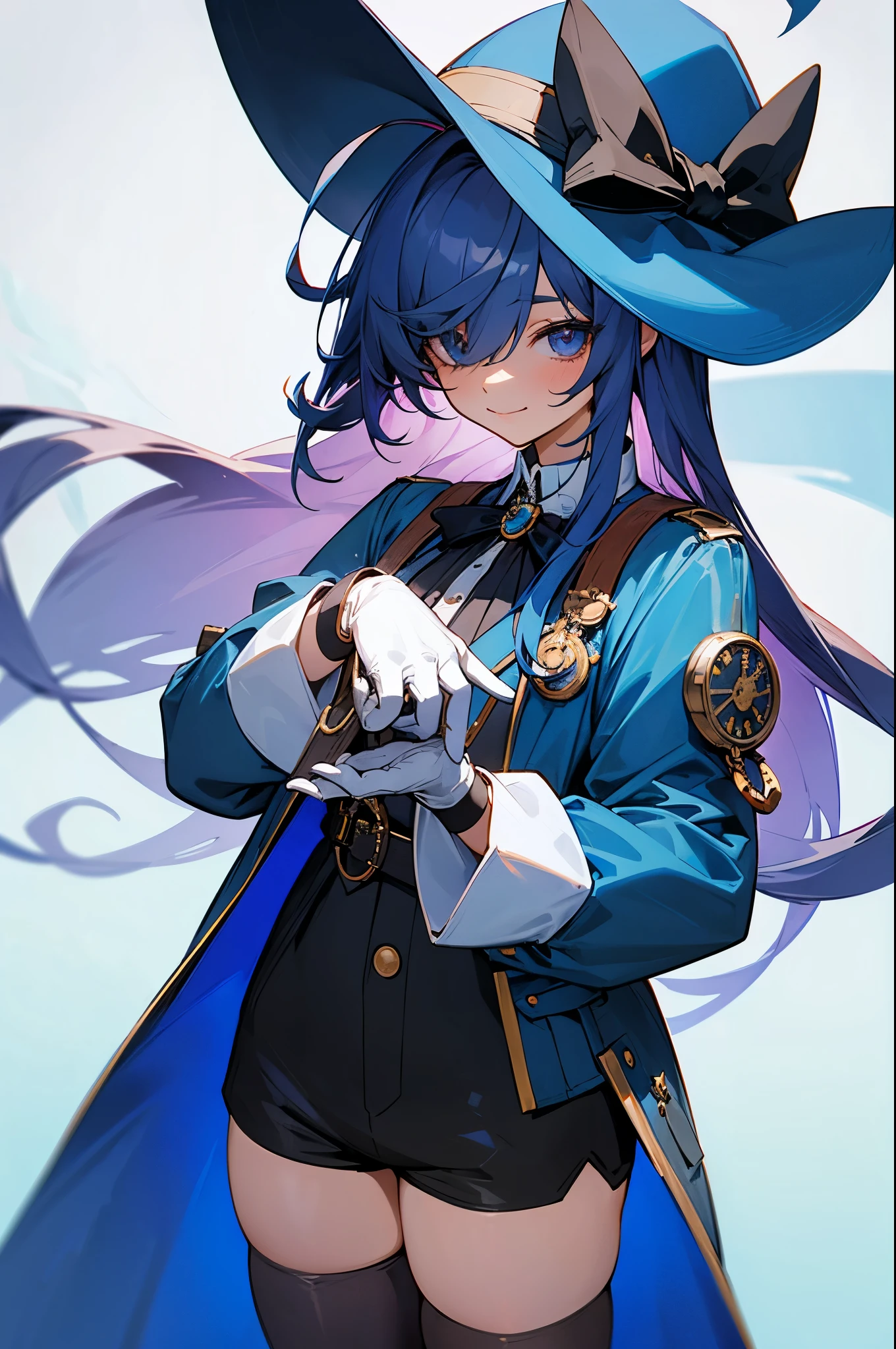 -Focalors,solo,hat,gloves,ahoge,shorts,hair over one eye,1girl,looking at viewer,long sleeves,cowboy shot,blue headwear,closed mouth,smile,holding,pocket watch,long hair,bangs,bow,thighhighs,white gloves,