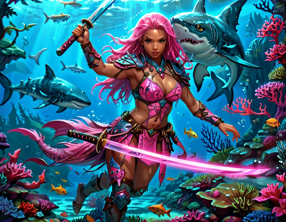 , a wide angle picture of a female human druid swimming along her pet shark, priest of underwater nature, cleric of underwater nature, art full body, ((anatomically correct)), dynamic position (intricate details, Masterpiece, best quality: 1.5) talking to a shark (intricate details, Masterpiece, best quality: 1.5) under the sea (intricate details, Masterpiece, best quality: 1.5), a human woman wearing scale armor ((intricate details, Masterpiece, best quality: 1.4) leather boots, armed with a sword, GLOWING WEAPON, thick hair, long hair, pink hair, tan skin intense brown eyes, undersea background (intense details), night undersea( (intricate details, Masterpiece, best quality: 1.5)high details, best quality, 16k, RAW, (ultra detailed: 1.5), masterpiece, best quality, (extremely detailed), dynamic angle, ultra wide shot, RAW, photorealistic, fantasy art, rpg art, realistic ), dynamic angle, (intricate details, Masterpiece, best quality: 1.5)), high details, best quality, highres, ultra wide angle, Wielding sword, chumbasket art style