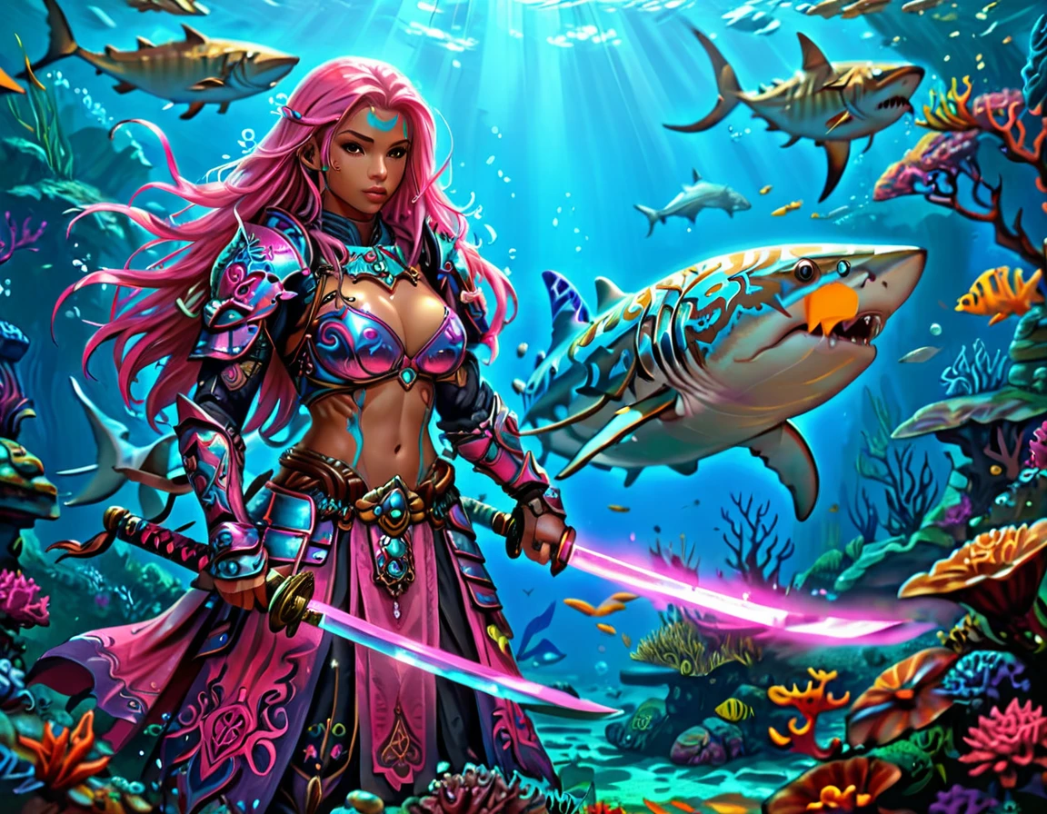 , a wide angle picture of a female human druid swimming along her pet shark, priest of underwater nature, cleric of underwater nature, art full body, ((anatomically correct)), dynamic position (intricate details, Masterpiece, best quality: 1.5) talking to a shark (intricate details, Masterpiece, best quality: 1.5) under the sea  (intricate details, Masterpiece, best quality: 1.5), a human woman wearing scale armor ((intricate details, Masterpiece, best quality: 1.4) leather boots, armed with a katana, DruidMagicAI, thick hair, long hair, pink hair, tan skin intense brown eyes, undersea background (intense details),  night undersea( (intricate details, Masterpiece, best quality: 1.5)high details, best quality, 16k, RAW, (ultra detailed: 1.5), masterpiece, best quality, (extremely detailed), dynamic angle, ultra wide shot, RAW, photorealistic, fantasy art, rpg art, realistic ), dynamic angle,  (intricate details, Masterpiece, best quality: 1.5)), high details, best quality, highres, ultra wide angle, Wielding sword, chumbasket art style, katana