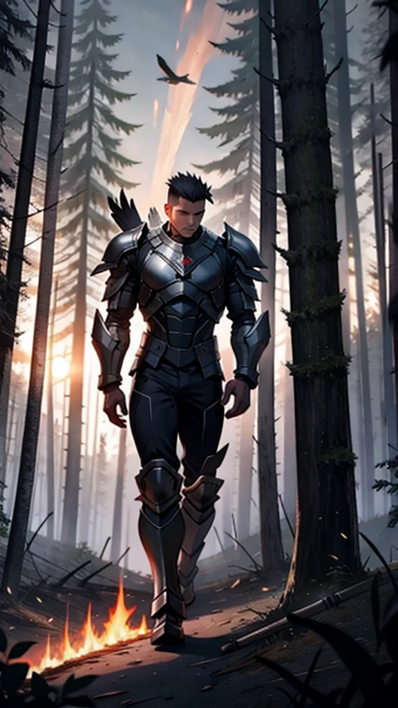 High resolution drawing of big warrior with his back to the camera in bionic armor with muscular body, head to the right looking at a woman on her knees with huge breasts, walking in a destroyed forest with burning trees, eagles and crows flying in the sky at dusk
