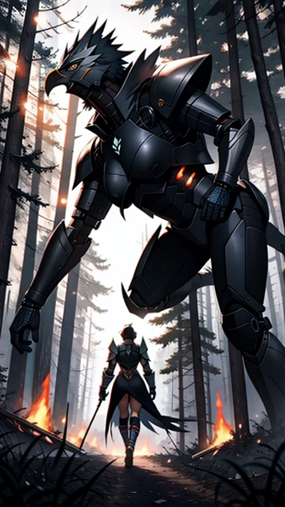 High resolution drawing of big warrior with his back to the camera in bionic armor with muscular body, head to the right looking at a woman on her knees with huge breasts, walking in a destroyed forest with burning trees, eagles and crows flying in the sky at dusk