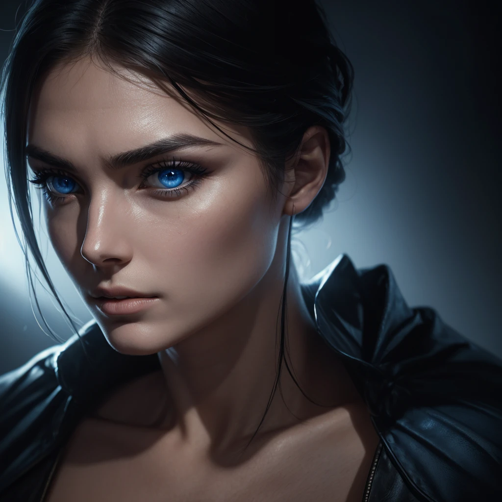 1 woman, striking facial features, deep expressive blue eyes, prominent cheekbones, strong eyebrows, dramatic lighting, chiaroscuro lighting, blurred background, ultra-realistic, 8k, realistic and artistic style, soft skin, intense and captivating mood