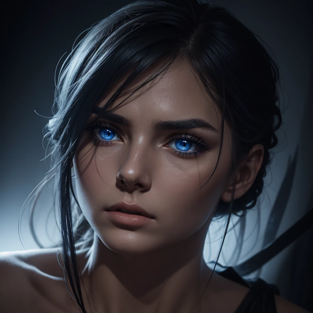 1 woman, striking facial features, deep expressive blue eyes, prominent cheekbones, strong eyebrows, dramatic lighting, chiaroscuro lighting, blurred background, ultra-realistic, 8k, realistic and artistic style, soft skin, intense and captivating mood