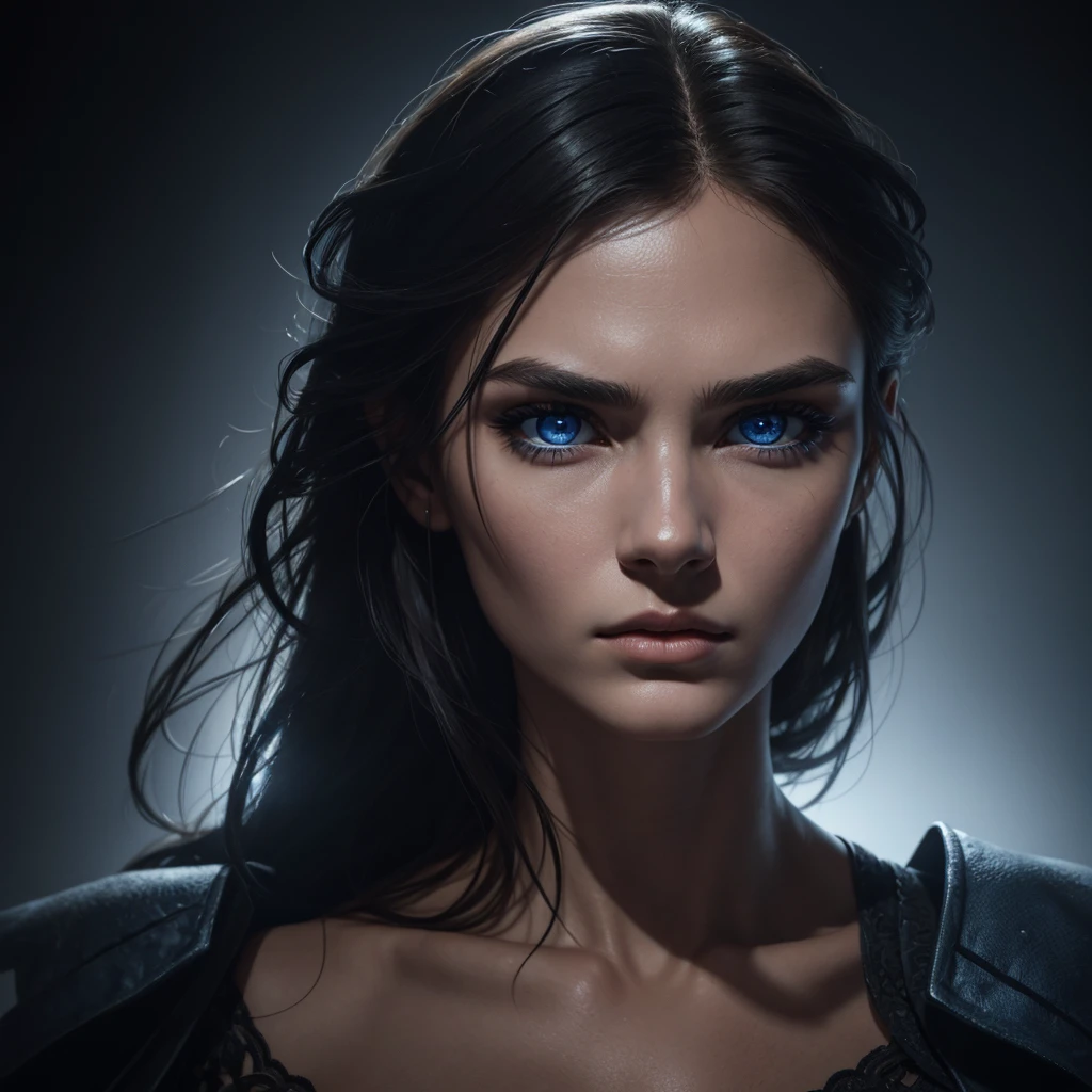 1 woman, striking facial features, deep expressive blue eyes, prominent cheekbones, strong eyebrows, dramatic lighting, chiaroscuro lighting, blurred background, ultra-realistic, 8k, realistic and artistic style, soft skin, intense and captivating mood