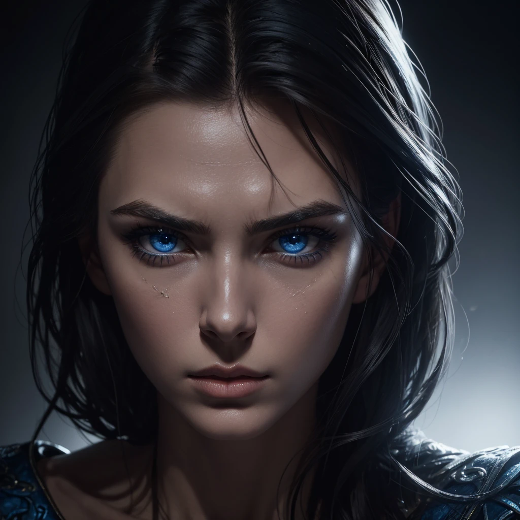 1 woman, striking facial features, deep expressive blue eyes, prominent cheekbones, strong eyebrows, dramatic lighting, chiaroscuro lighting, blurred background, ultra-realistic, 8k, realistic and artistic style, soft skin, intense and captivating mood