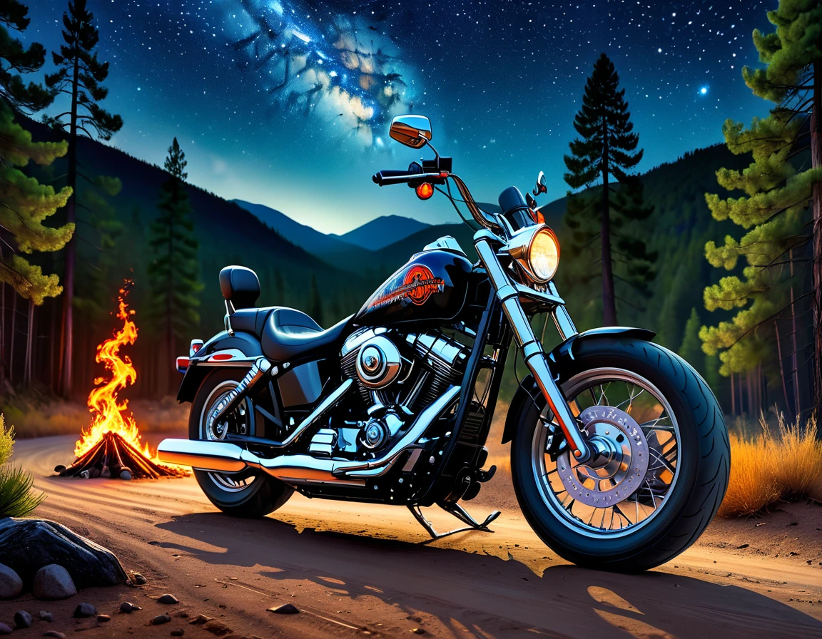 a striking photograph of a black Harley-Davidson motorcycle with a flaming skull sticker, parked on the side of a dirt road next to the mountains, bodywork with silver, reflective details, pine forest, starry night sky in the background, sharp focus, smooth colors, high desinition photography, intricate, insanely detailed, ultra-realistic, hdr, 8k