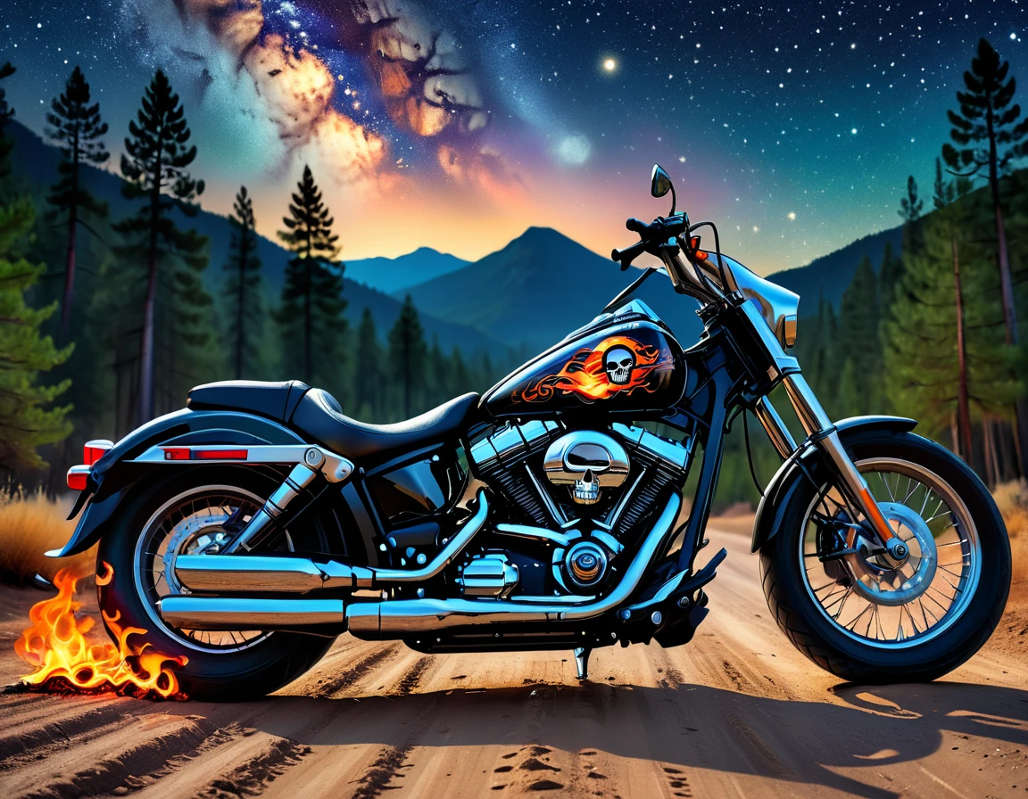 a striking photograph of a black Harley-Davidson motorcycle with a flaming skull sticker, parked on the side of a dirt road next to the mountains, bodywork with silver, reflective details, pine forest, starry night sky in the background, sharp focus, smooth colors, high desinition photography, intricate, insanely detailed, ultra-realistic, hdr, 8k