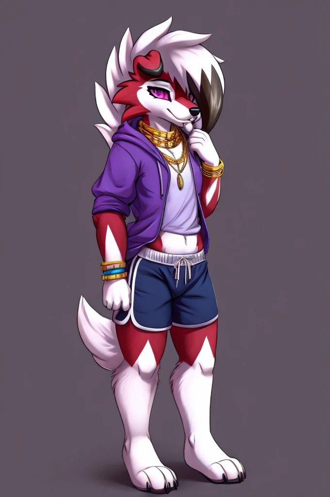 A dark purple Midnight femboy lycanroc wearing a blue and purple hoodie and shorts with white socks and a gold necklace around her neck and with bracelets on her arms