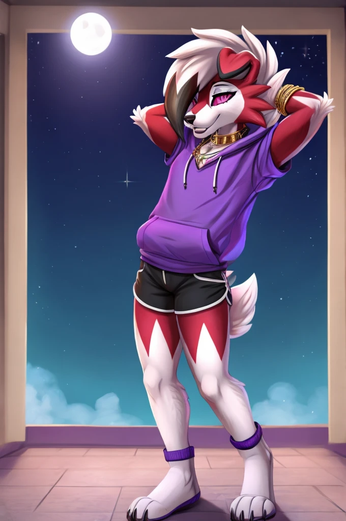 A dark purple Midnight femboy lycanroc wearing a Littleforbig Romper and a blue diaper and white socks with black stripes and a gold colored dog collar on the neck and with bracelets on the arms