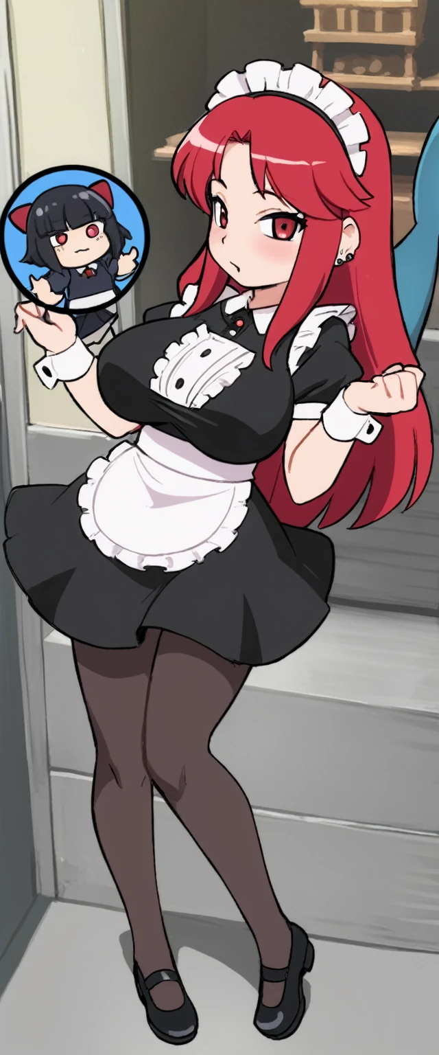 Obra maestra, mejor calidad,solo,1girl(big breast)(masterpiece, best quality:1.2),Ellen Jo,Zenless Zone Zero,alternate costume ,maid, shark tail, (shark girl:0.5), short hair,black hair,red eyes, tail, pantyhose,multicolored hair, black footwear, short sleeves, apron, wrist cuffs, maidheaddress, stockings, nyantchaellen joe, black hair, red hair,colored inner hair, multicolored hair, (red eyes:1.3), red hair, short hair, two-tone hair,apron, black pantyhose, black shirt, ear piercing, 1 chica,contratado \(impacto genshin\),cara de meme,chibi