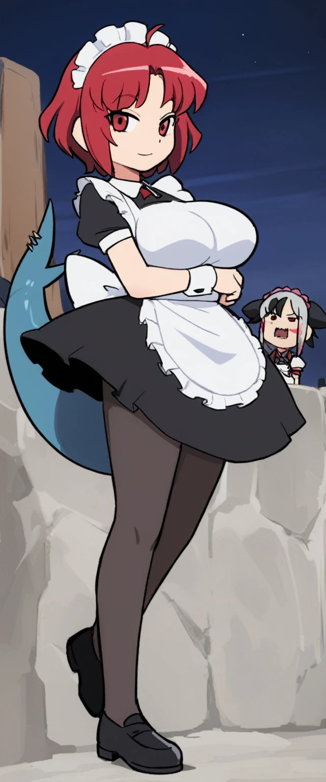 Obra maestra, mejor calidad,solo,1girl(big breast)(masterpiece, best quality:1.2),Ellen Jo，Zenless Zone Zero，alternate costume ,maid, shark tail, (shark girl:0.5), short hair，black hair，red eyes, tail, pantyhose,multicolored hair, black footwear, short sleeves, apron, wrist cuffs, maidheaddress, stockings, nyantchaellen joe, black hair, red hair，colored inner hair, multicolored hair, (red eyes:1.3), red hair, short hair, two-tone hair,apron, black pantyhose, black shirt, ear piercing, 1 chica,contratado \(impacto genshin\),cara de meme,chibi