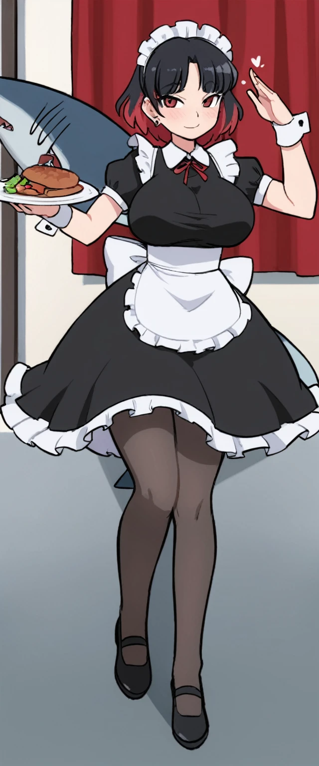 olo,1girl(big breast)(masterpiece, best quality:1.2),Ellen Jo，Zenless Zone Zero，alternate costume ,maid, shark tail, (shark girl:0.5), short hair，black hair，red eyes, tail, pantyhose,multicolored hair, black footwear, short sleeves, apron, wrist cuffs, maidheaddress, stockings, nyantchaellen joe, black hair, red hair，colored inner hair, multicolored hair, (red eyes:1.3), red hair, short hair, two-tone hair,apron, black pantyhose, black shirt, ear piercing, 