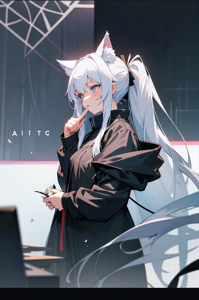 Anime girl with long white hair and black jacket holding flowers, Silver hair (pony tails), White-haired fox, From Arknights, beautiful anime catgirl, anime girl profile, anime girl with cat ears, Hold the flower with your index finger, female anime character, Anime figure, cute anime catgirl, (Anime girl), An anime girl, Holo is a wolf girl
