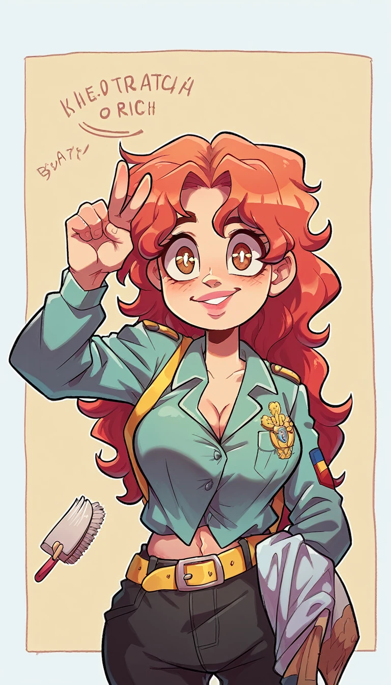 A tender Russian girl, big chest, longer wavy hair, bright red, her brown eyes, rectangle, big pupils, pink lips, dresses in a light black office shirt suit, brushes a yellow line, shows her navel, and her light black pants, puts on a yellow belt, and salutes a soldier, Ukraine, peace.