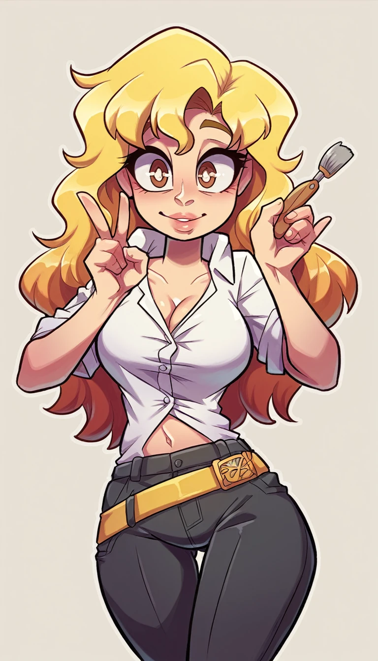 A tender Russian girl, big chest, longer wavy hair, bright red, her brown eyes, rectangle, big pupils, pink lips, dresses in a light black office shirt suit, brushes a yellow line, shows her navel, and her light black pants, puts on a yellow belt, and salutes a soldier, Ukraine, peace.