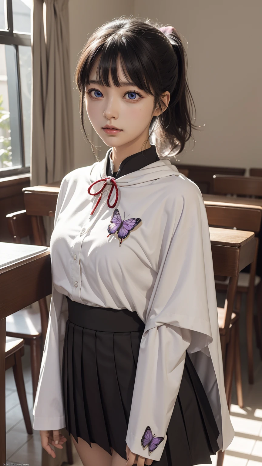 kanaotsuyuri, kanao tsuyuri, black hair, butterfly, butterfly hair ornament, (purple eyes:1.1), side ponytail, ponytail, nude грудь , naked ,
BREAK cape, demon slayer uniform, long sleeves, pleated skirt, skirt, white cape,
BREAK looking at viewer,
BREAK classroom, голая грудь, обнаженная грудь
BREAK (masterpiece:1.2), best quality, high resolution, unity 8k wallpaper, (illustration:0.8), (beautiful detailed eyes:1.6), extremely detailed face, perfect lighting, extremely detailed CG, (perfect hands, perfect anatomy), panties , panties, erotic photo shoot, nude , naked