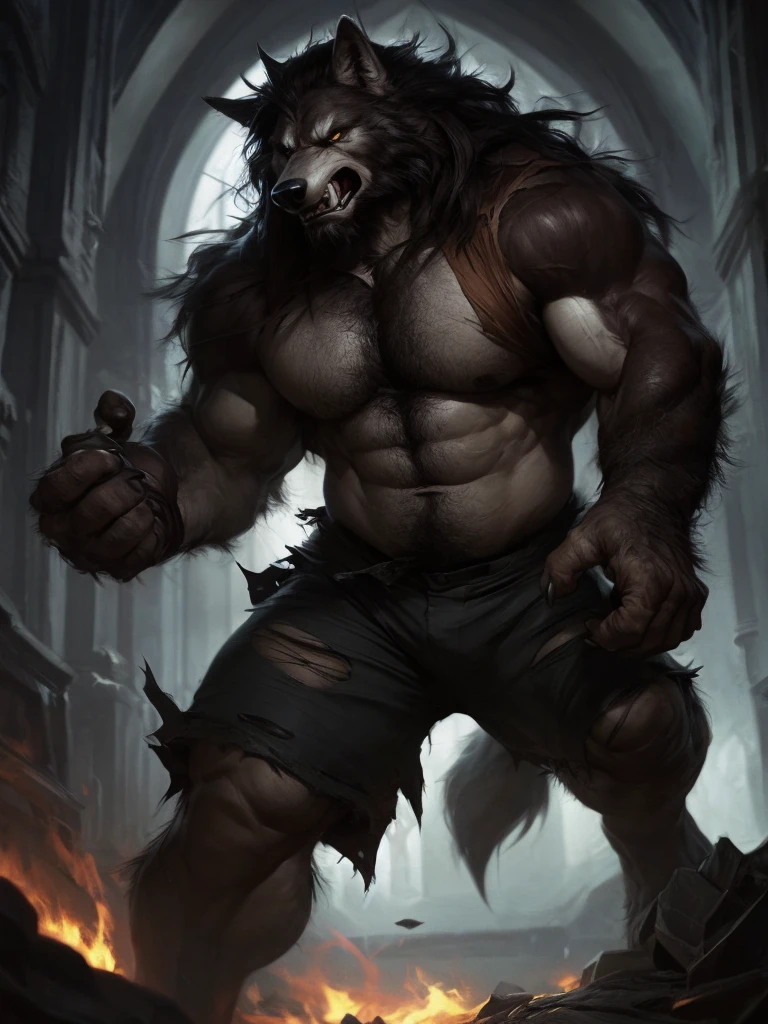 anthro male wolf, muscular, angry , expressive, torn brown shorts, torn shirt, masterpiece, best art, insane res, good anatomy, masculine body, beard, body hair, after transformation, dark church, by darkgem
