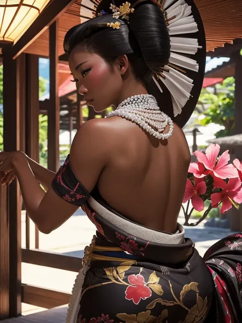 ultradetailed, hawaiian woman, ebony skin, truccata da geisha, big , big ass, sexy, beautiful, hands behind her