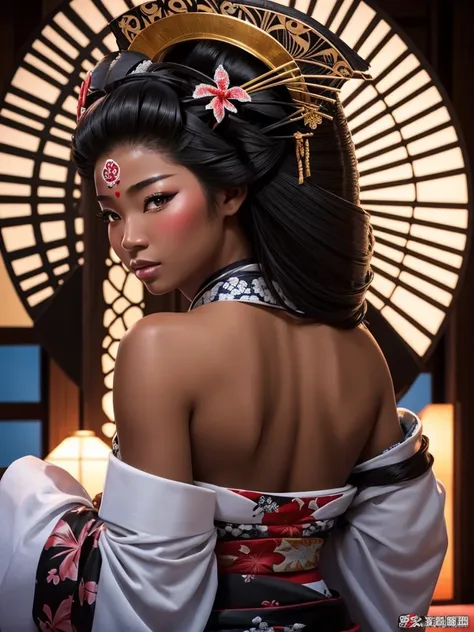 ultradetailed, hawaiian woman, ebony skin, truccata da geisha, big , big ass, sexy, beautiful, hands behind her