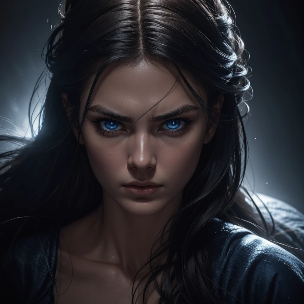 1 woman, striking facial features, deep expressive blue eyes, prominent cheekbones, strong eyebrows, dramatic lighting, chiaroscuro lighting, blurred background, ultra-realistic, 8k, realistic and artistic style, soft skin, intense and captivating mood