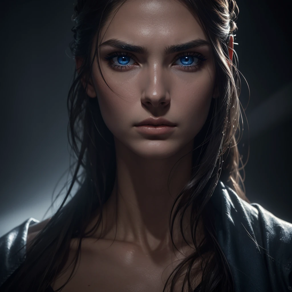 1 woman, striking facial features, deep expressive blue eyes, prominent cheekbones, strong eyebrows, dramatic lighting, chiaroscuro lighting, blurred background, ultra-realistic, 8k, realistic and artistic style, soft skin, intense and captivating mood