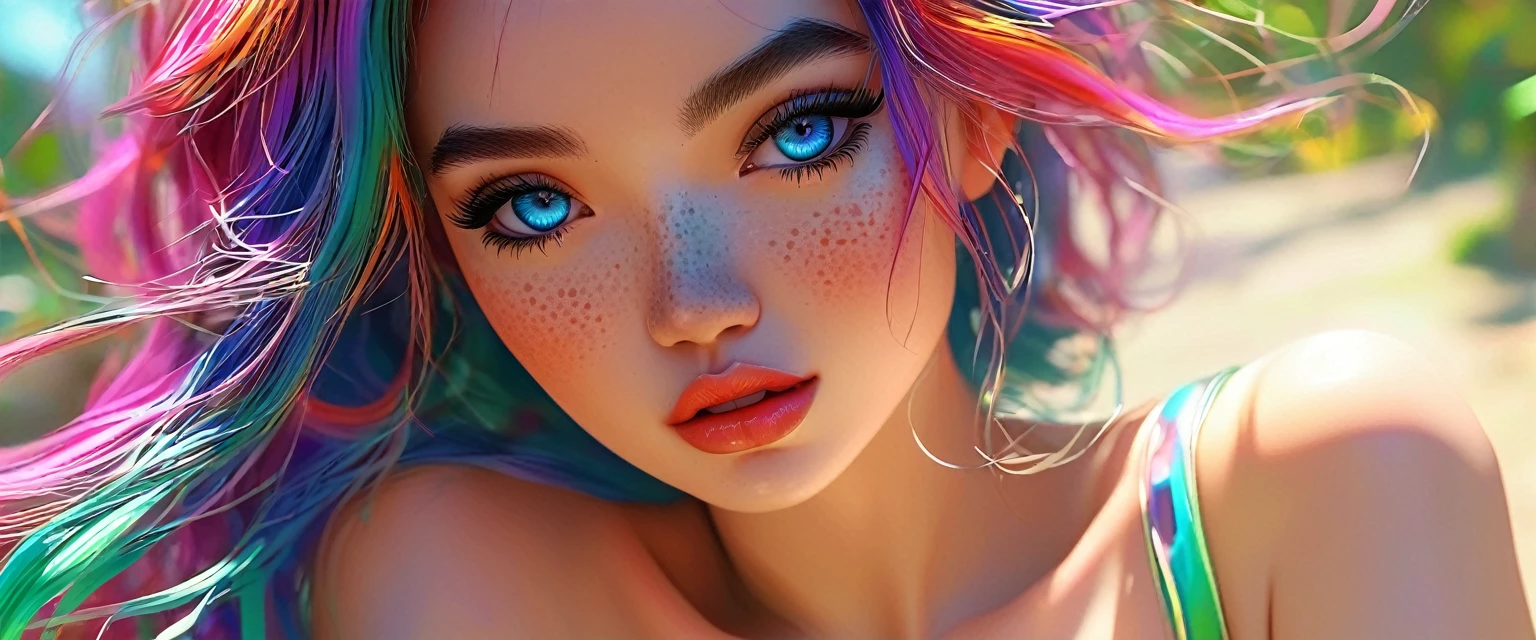 ((ultra detailed)),((Bright eyes)), (Detailed eyes) , 8k, blink blink, (The Little Faux Freckles Makeupgirl), ((realistic skin)), ((focus detailed 2 straps on the shoulders of dress)) , ((shiny facial skin)), with colorful hair and a colorful dress, rossdraws pastel vibrant, rossdraws cartoon vibrant, style anime 8k, beautiful portrait, artgerm colorful!!!, ! dream artgerm, beautiful anime girl, styled digital art, art wallpaper 8k, digital art, extremely detailed artgerm,