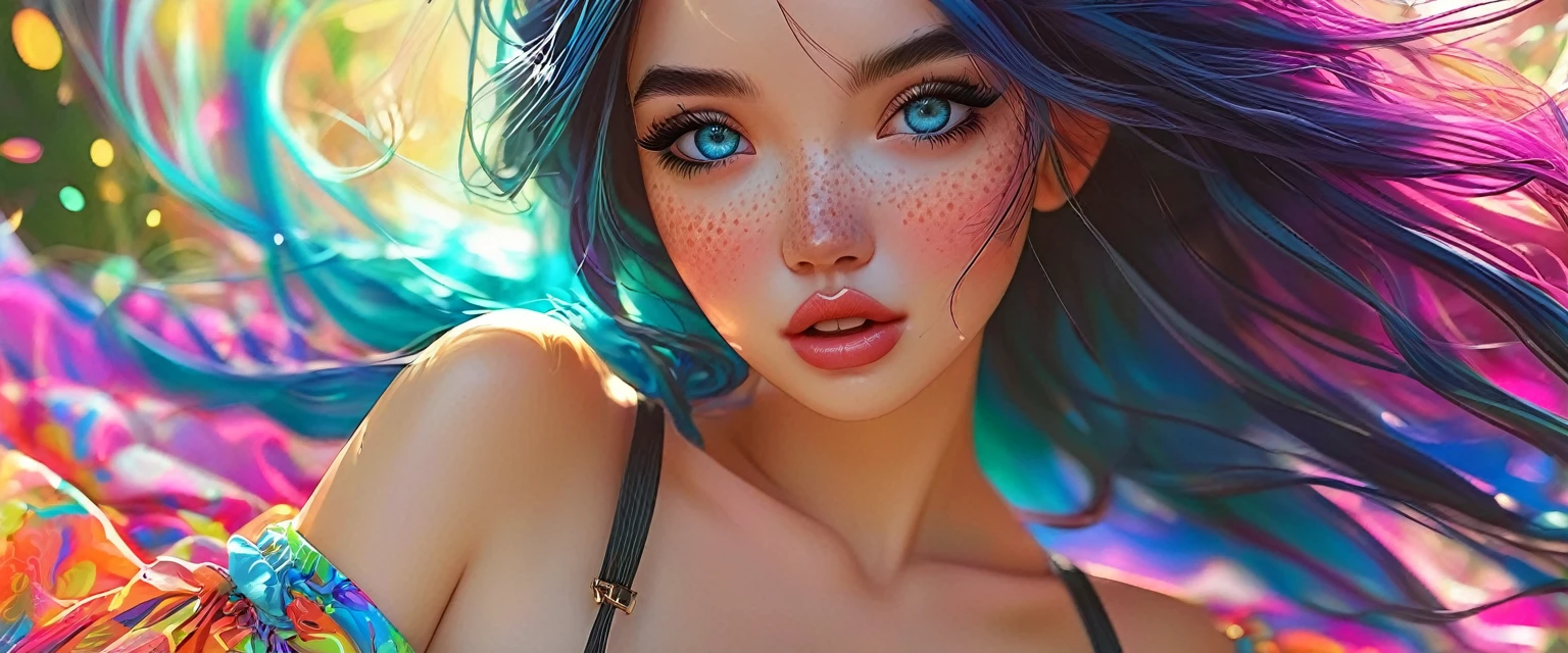 ((ultra detailed)),((Bright eyes)), (Detailed eyes) , 8k, blink blink, (The Little Faux Freckles Makeupgirl), ((realistic skin)), ((focus detailed 2 straps on the shoulders of dress)) , ((shiny facial skin)), with colorful hair and a colorful dress, rossdraws pastel vibrant, rossdraws cartoon vibrant, style anime 8k, beautiful portrait, artgerm colorful!!!, ! dream artgerm, beautiful anime girl, styled digital art, art wallpaper 8k, digital art, extremely detailed artgerm,