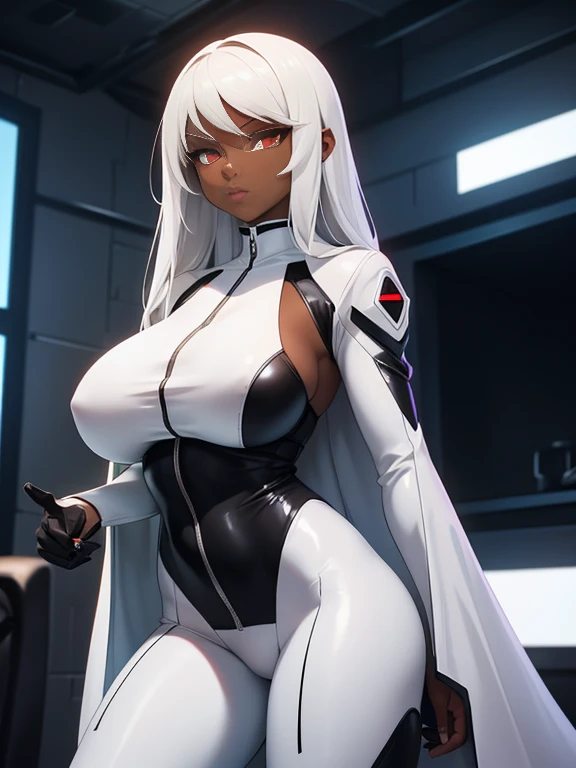 girl, With big breasts, with futuristic white spy suit, long black fur, crimson eyes, ebony dark skin.
