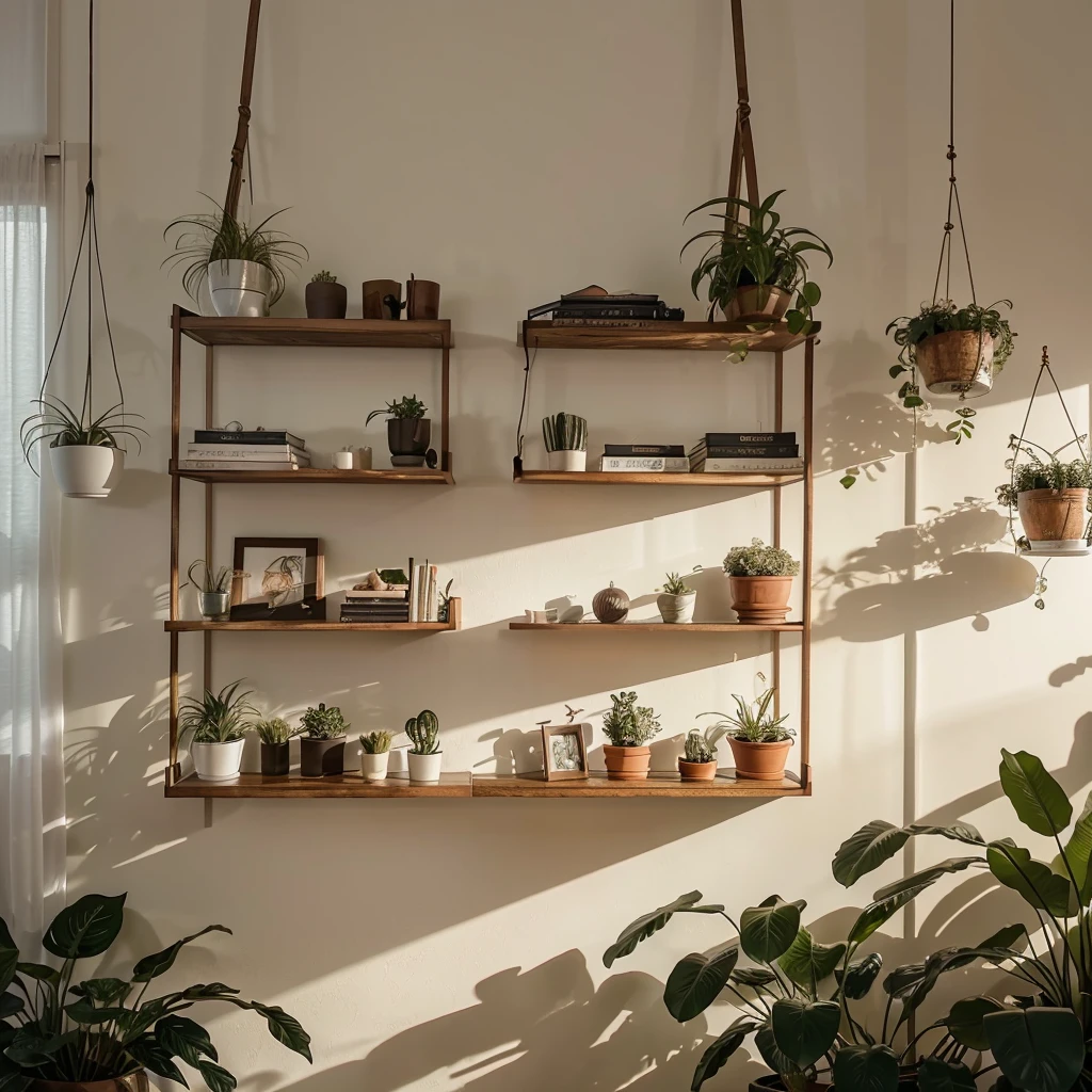 youtube studio modern, background for a digital creator. that has a beautiful artwork, a hanging light suspended  plants and a floating book shelf with beautiful accessories warm light and soft low lighting warm and soft light low lighting NIGHT