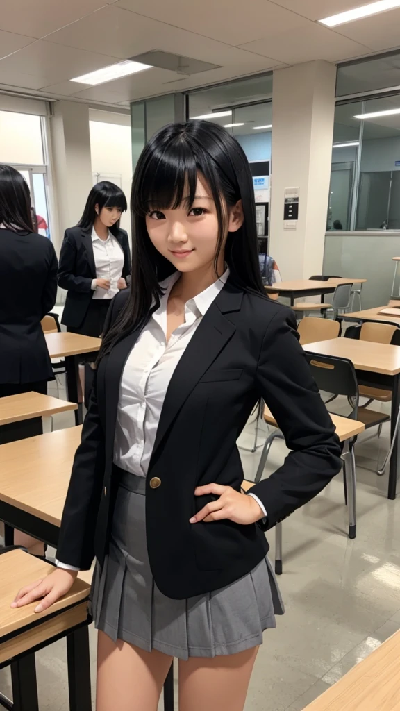 (masterpiece, highest quality:1.4), award-winning portraits, 8K, 85mm, alone, beautiful face, delicate girl, , (dark navy blazer jacket), dark navy skirt, long sleeve, violaces, gardenia, grace, Sophisticated, cute, teen, looking at the viewer, 15 years old, Raw photo, disorganized, HDR, sharp focus, A bow tie, background bokeh、(((flat 、thin and delicate body、A childish atmosphere)))、Her shiny semi-long hair is tied up、hair swaying in the wind、Mole on the left cheek、large, round, dark blue eyes、full body、random pose、Junior idol、Nogizaka Idol、widening skirt、jump、mole under eye、sexy、inside the classroom