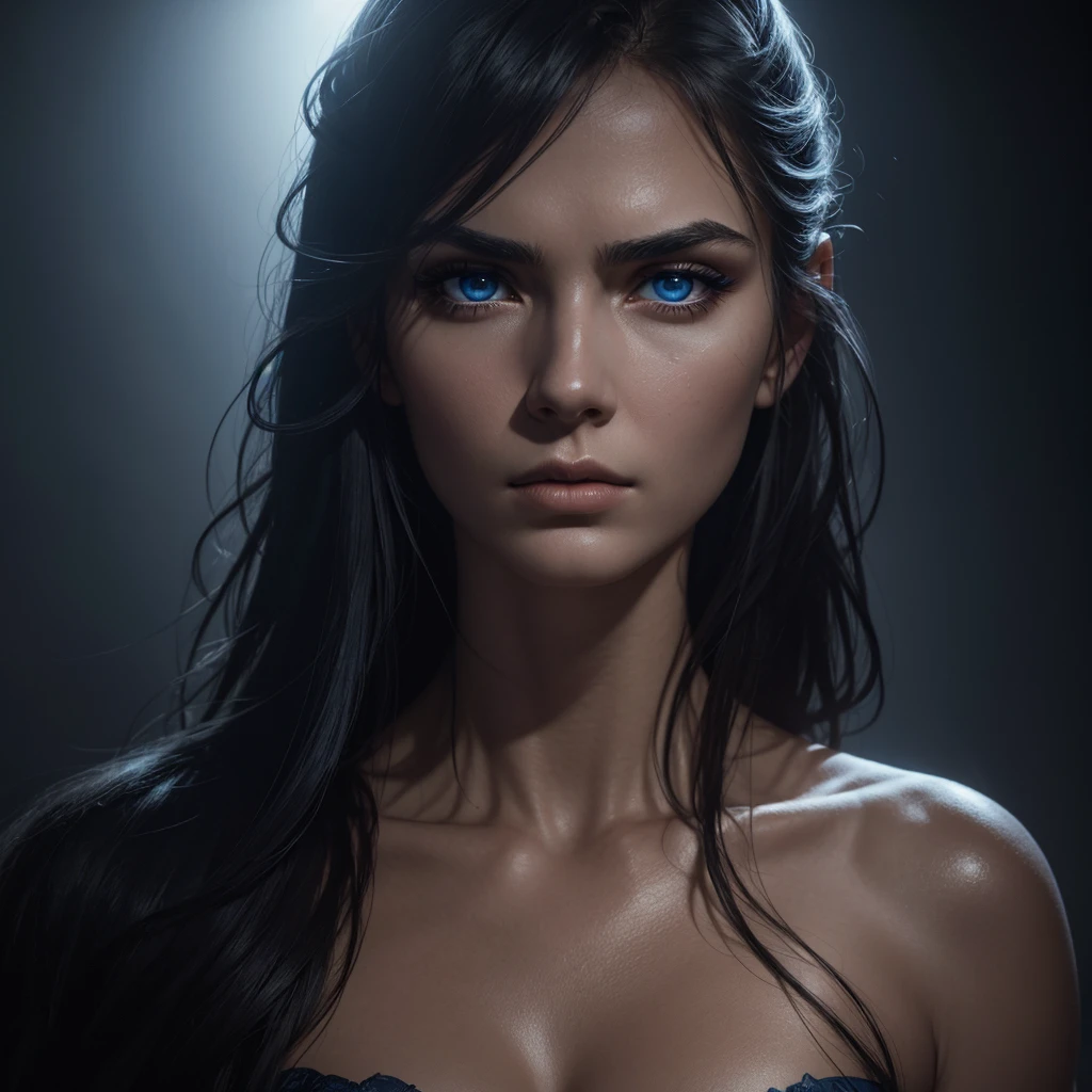 1 woman, striking facial features, deep expressive blue eyes, prominent cheekbones, strong eyebrows, dramatic lighting, chiaroscuro lighting, blurred background, ultra-realistic, 8k, realistic and artistic style, soft skin, intense and captivating mood