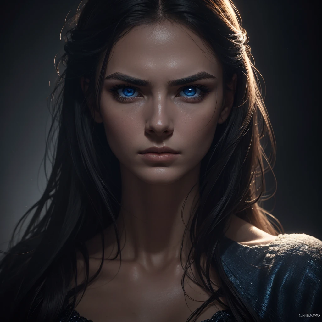 1 woman, striking facial features, deep expressive blue eyes, prominent cheekbones, strong eyebrows, dramatic lighting, chiaroscuro lighting, blurred background, ultra-realistic, 8k, realistic and artistic style, soft skin, intense and captivating mood