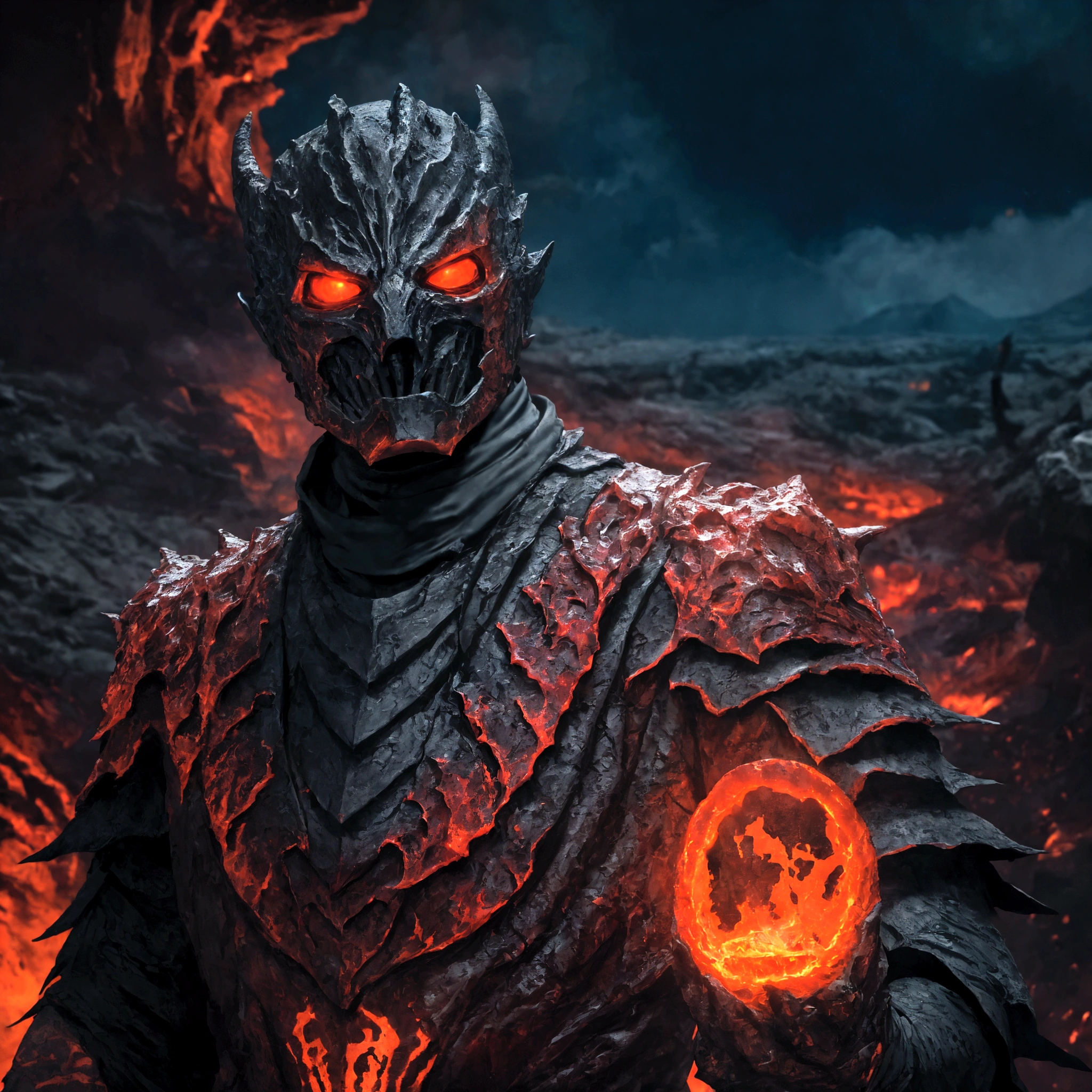 (extremely detailed 8k wallpaper), a medium shot photo of Grim dressed as a scary masked lava-supervillain in a glowing lava armour from marvel, theme, intricate, high detail, dramatic, volcano in the background