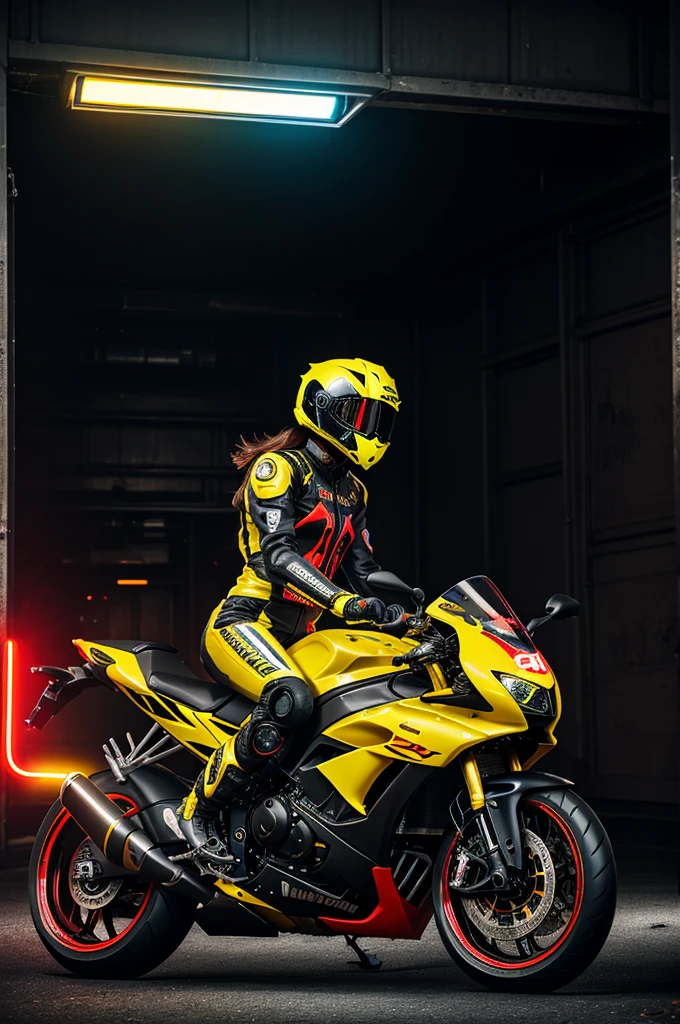 A pretty skin white Muslimah wearing a black, yellow and red motorbike race suit with a full-face helmet, riding a big and smart robotic futuristic rough race motorbike through a tunnel with neon signs and futuristic graffiti on the walls. The motorbike's headlights glow brightly, showcasing fast motion effects at the wheels with added motion blur and balanced tones and contrast. Nature, water, fire and wind effect air brush. Ride faster at the corner. Full HD and UHD versions. Include sparks flying from the motorbike's exhaust. Make her expression determined and focused. Neon ambiance effects