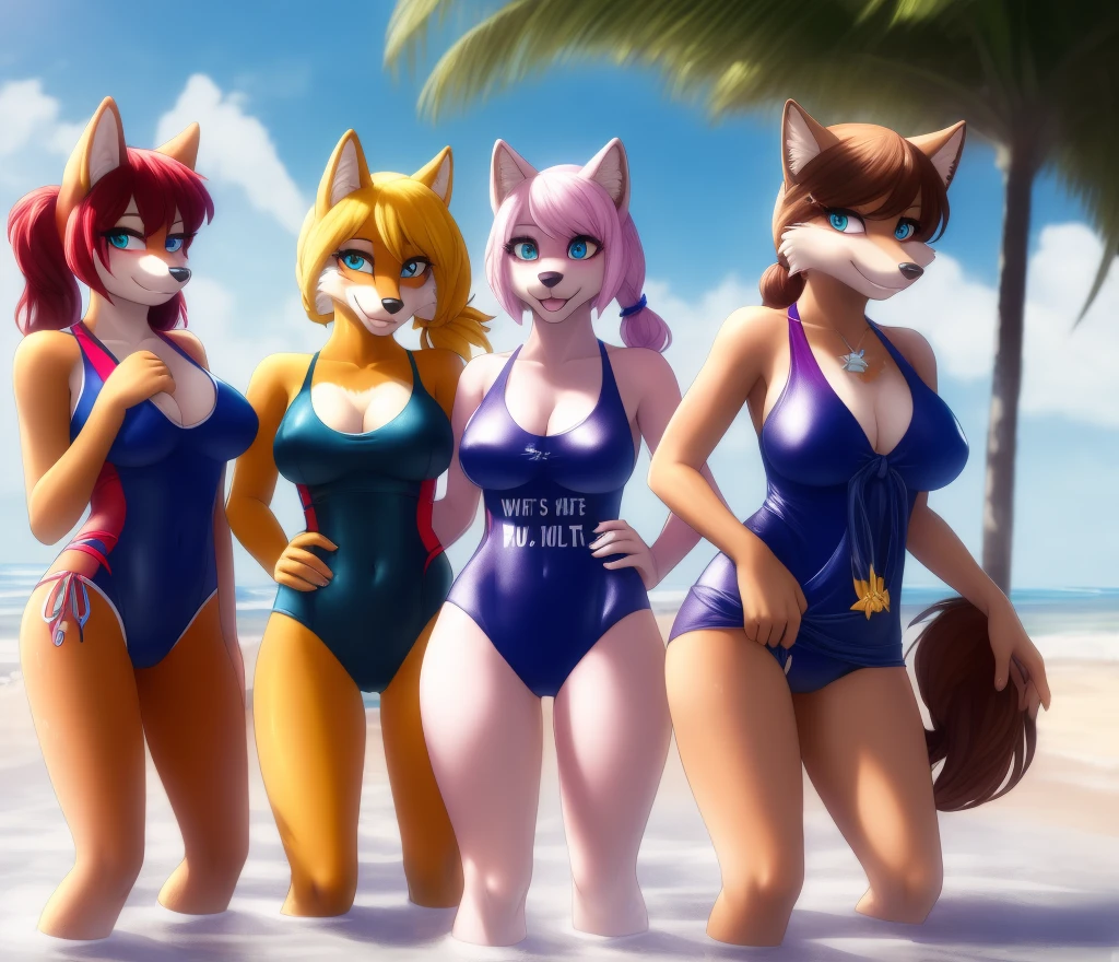 furry, fur, tail, anthro female, female furry, detailed fur, best quality, HD, full body, cameltoe, 5girls, 5 girls in beach, multiple subjects, group, team, adult female, group shot, coyote girl, cocker spaniel girl, borzoi girl, jackal girl, wolf girl, furry, anthro, adult, adult breasts, breasts, sexy breasts, lesbian, yuri, group, multiple girls, wet, hot, standing, twintails, looking at viewer, front view, standing, long hair, bangs, standing, casual one-piece swimsuit, bikini, swimsuit, bang, cowboy shot, group shot, white one-piece swimsuit, clothing cutout, portrait, girls together, 5 girls covered in mud, sexy, full body, beach, sunset, curled hair, short hair, ponytails, braid