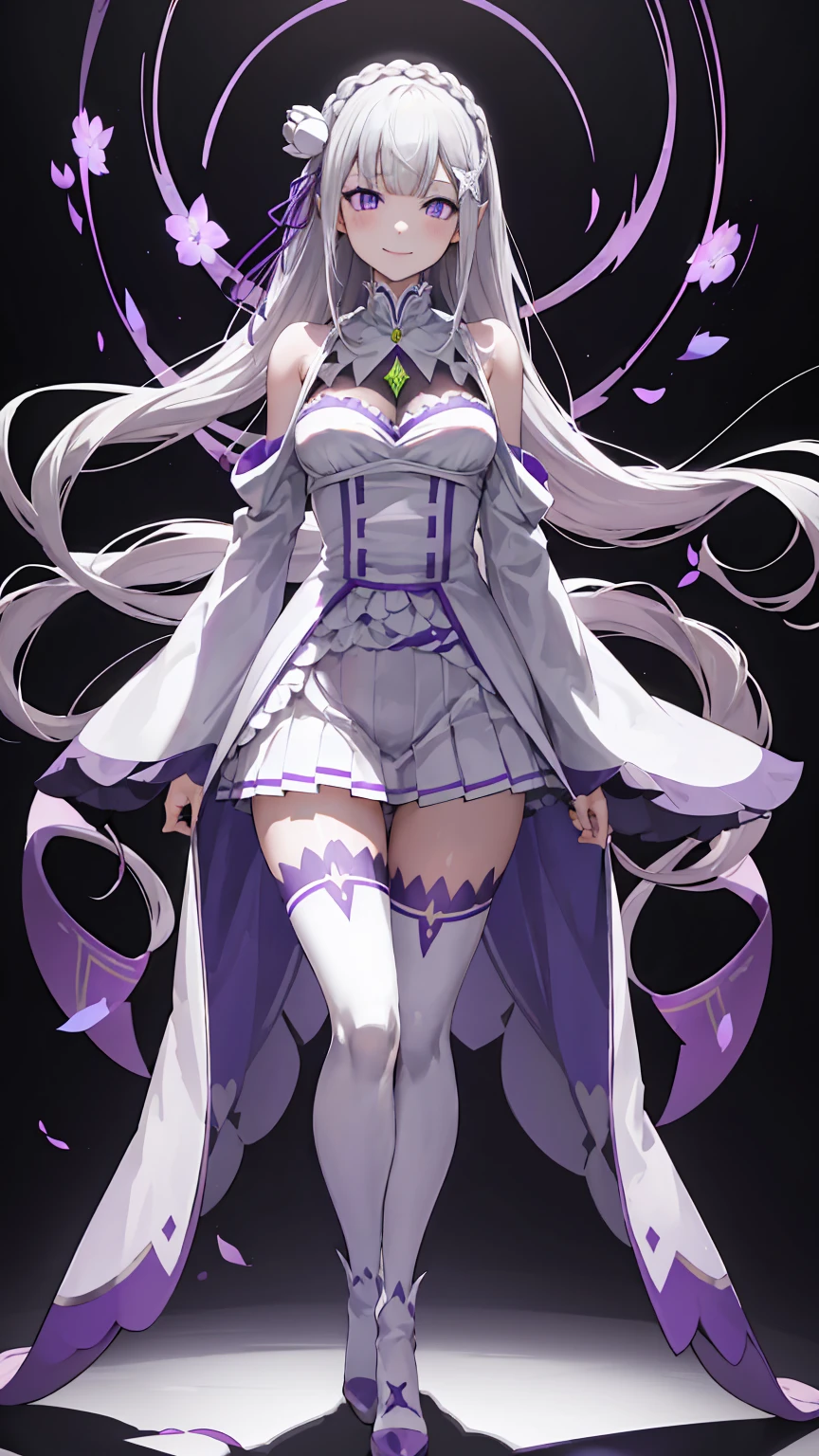 Lezero Emilia, emilia, braid, Crown braid, flower, Hair Flower, hair ornament, Hair Ribbon, Long hair, pointy ear, (Purple eyes:1.2), White hair, x hair ornament,
Break Detach Color, Detached sleeves, frilly sleeves, frilld, Long sleeves, Miniskirt, Pleated skirt, bow ribbon, Skirt, thighs thighs thighs thighs, White skirt, White sleeves, white thighhig, Wide sleeves, zettai ryouiki,

 BREAK (masutepiece:1.2), Best Quality, High resolution, Unity 8k Wallpaper, (Illustration:0.8), (Beautiful detailed eyes:1.6), extra detailed face, Perfect Lighting, extremely details CG, (Perfect hands, Perfect Anatomy),is standing、Evil Fall, 1girl in, solo, pubic tattoo,Lipakeup、lip stick、eye line / Mascara Eyeshadow Evil Fall、Bad Woman、bad looking、Empty eyes、Psychopaths、Eyes pink、Grinning、Smile, lightsmile,Knives、low angles、leggy、Long leguchimuchi、Transparent pupils、, ((Positive pregnancy test))fullbody image、high-heels、High heels、smile, Purple Lipstick、saliva, Micro Mini Skirt、Standing、(half:1.3), Wide Hips, Thick thighs, (Thigh Gap:1.2), Big Ass, (shaving、1 Girl, whole body,look up:1.4）