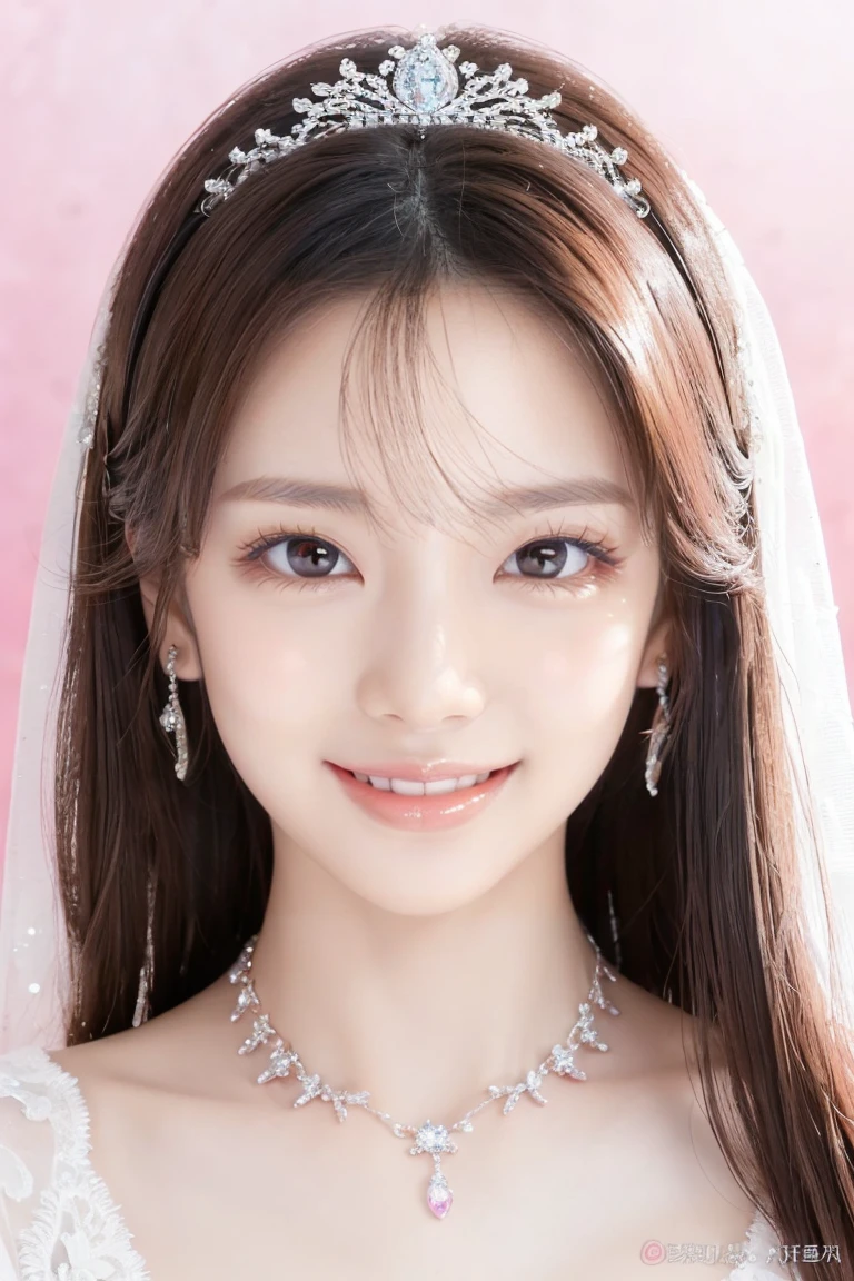 (Highest quality、Tabletop、8K、Best image quality、Award-winning works)、One beautiful bride、(alone:1.1)、(The most extravagant and gorgeous huge pure white wedding dress:1.1)、(Perfect Wedding Lace:1.2)、(The most gorgeous and luxurious giant tiara:1.1)、(The most extravagant and luxurious giant necklace:1.1)、Look at me with your best smile、The finest jewellery decoration、Perfect Makeup、Long eyelashes、Ultra HD Shining Eyes、Ultra HD Hair、Ultra-high resolution glossy lips、Ultra High Resolution Perfect Teeth、Super high resolution beautiful face、(Accurate anatomy:1.1)、Very bright and beautiful skin、very bright and vivid、Perfect beautiful bridal hairstyles、(Front facing body:1.1)、(Solid pink background:1.2)、Cleavage