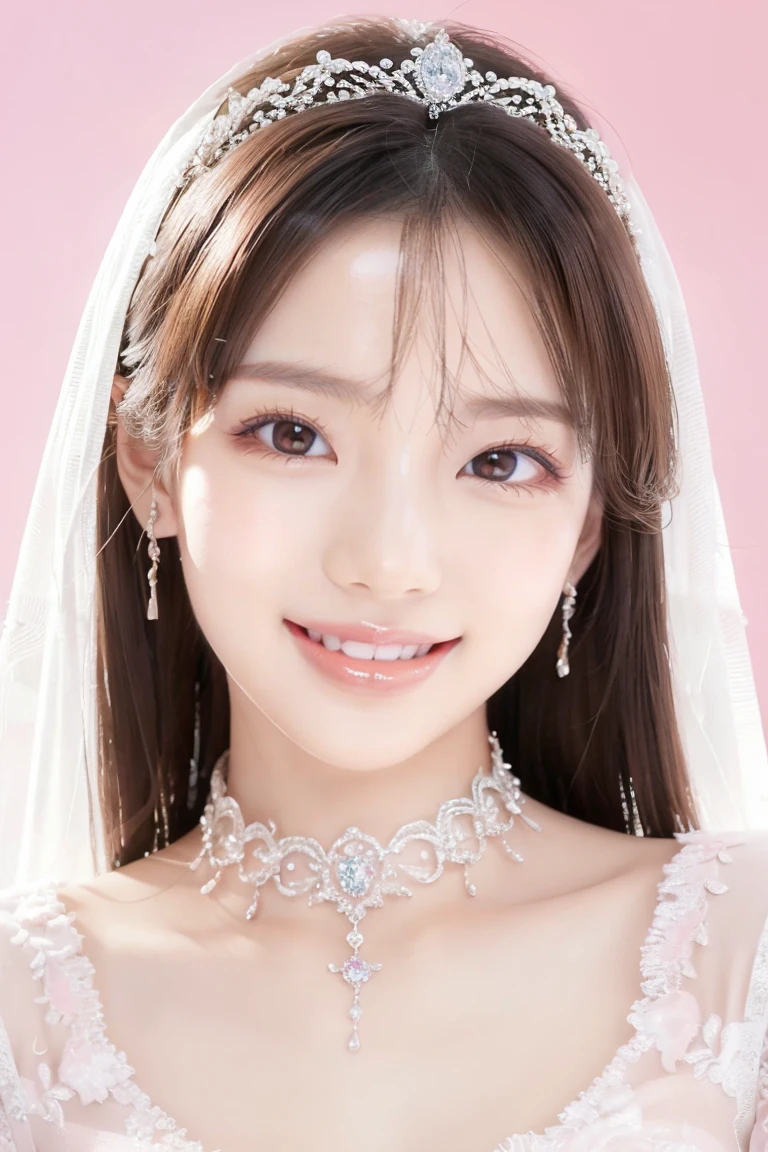 (Highest quality、Tabletop、8K、Best image quality、Award-winning works)、One beautiful bride、(alone:1.1)、(The most extravagant and gorgeous huge pure white wedding dress:1.1)、(Perfect Wedding Lace:1.2)、(The most gorgeous and luxurious giant tiara:1.1)、(The most extravagant and luxurious giant necklace:1.1)、Look at me with your best smile、The finest jewellery decoration、Perfect Makeup、Long eyelashes、Ultra HD Shining Eyes、Ultra HD Hair、Ultra-high resolution glossy lips、Ultra High Resolution Perfect Teeth、Super high resolution beautiful face、(Accurate anatomy:1.1)、Very bright and beautiful skin、very bright and vivid、Perfect beautiful bridal hairstyles、(Front facing body:1.1)、(Solid pink background:1.2)、Cleavage