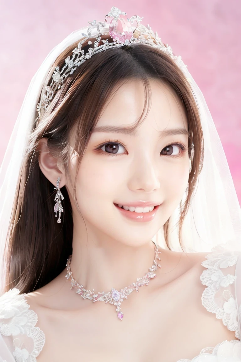 (Highest quality、Tabletop、8K、Best image quality、Award-winning works)、One beautiful bride、(alone:1.1)、(The most extravagant and gorgeous huge pure white wedding dress:1.1)、(Perfect Wedding Lace:1.2)、(The most gorgeous and luxurious giant tiara:1.1)、(The most extravagant and luxurious giant necklace:1.1)、Look at me with your best smile、The finest jewellery decoration、Perfect Makeup、Long eyelashes、Ultra HD Shining Eyes、Ultra HD Hair、Ultra-high resolution glossy lips、Ultra High Resolution Perfect Teeth、Super high resolution beautiful face、(Accurate anatomy:1.1)、Very bright and beautiful skin、very bright and vivid、Perfect beautiful bridal hairstyles、(Front facing body:1.1)、(Solid pink background:1.2)、Cleavage