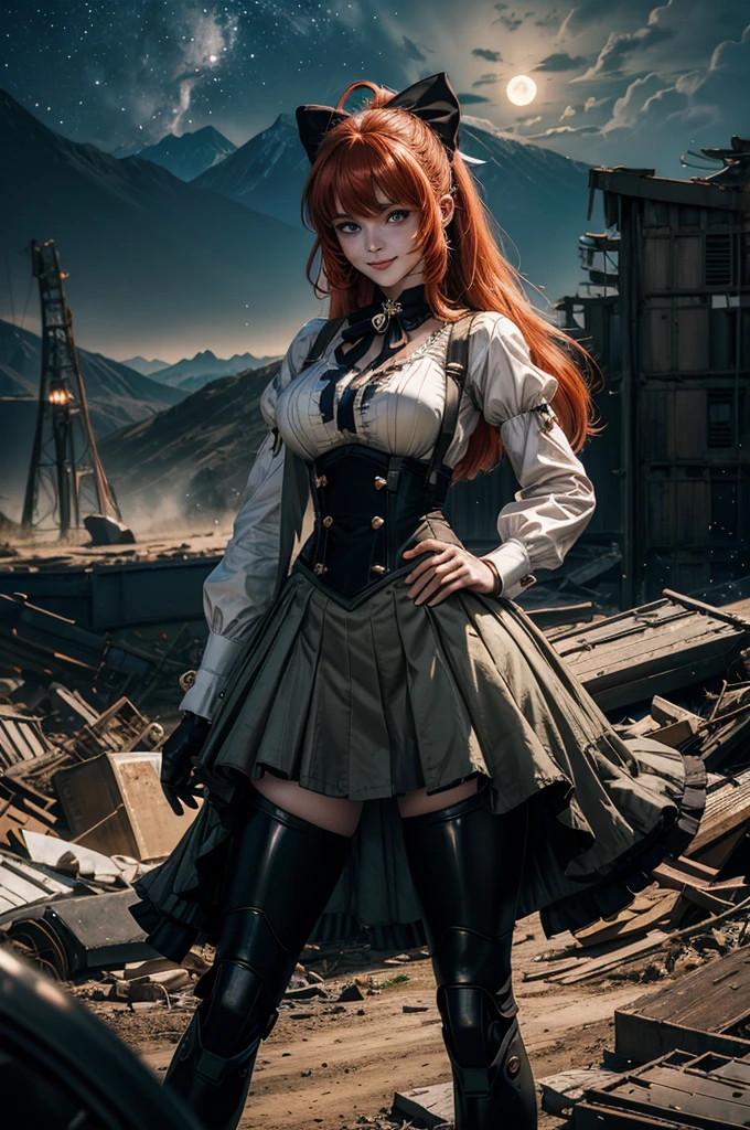 night, moon, stars, cowboy shot, (dynamic pose), smile,  underbust, Penny Polendina, long red hair, neck ribbon, suspender skirt, corset, black bow, white blouse, mechanical legs, neon trim, hand on hip, (standing in aircraft scrapyard), in valley, BREAK mountains in background, waterfall, crowd, (crowd in military dress), post-apocalypse, dystopian future, bonfires (volumetric lighting), intricate details, tonemapping, sharp focus, hyper detailed

