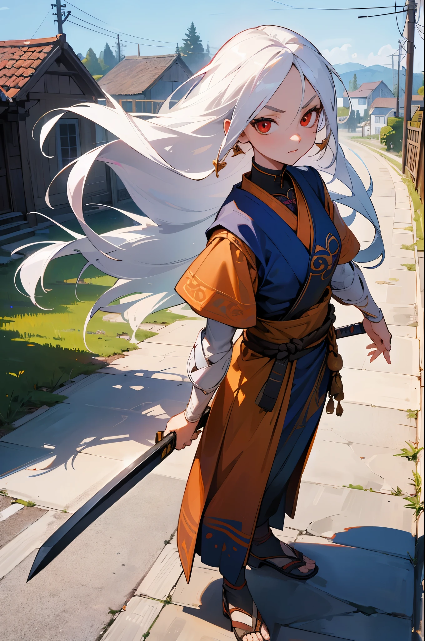 Illustration, UHD, retina, masterpiece, accurate, anatomically correct, super detail, high details, high quality, award winning, best quality, highres, good anatomy, 1080P, HD, 4K, 8k, 16k, 1girl, dynamic pose, androgynous, full body potrait, detailed eyes, detailed clothes, detailed hair, rendering, 5 fingers, potrait, Aidalro, cute waifu, You g Impa, impa, (standing on concrete, sun, light, shading, in a village,) holding a katana, looking at viewer, serious expression, bangs, long white hair, red eyes