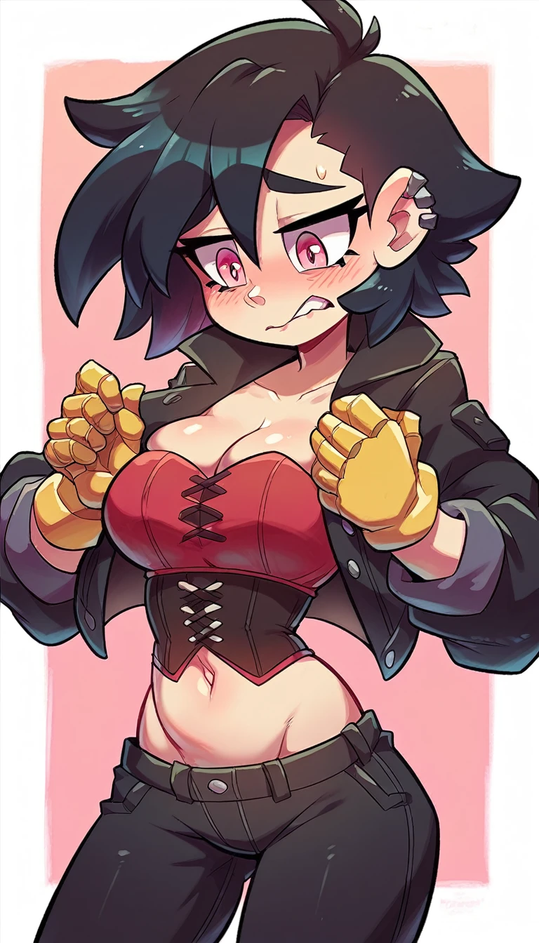 An emo girl shy nervous afraid dumb quiet sexy cute beautiful beautiful big breast long wavy black hair her pink eye she wears a red corset under a black vest shows her navel and a metallic black pants yellow boot long yellow metal gloves