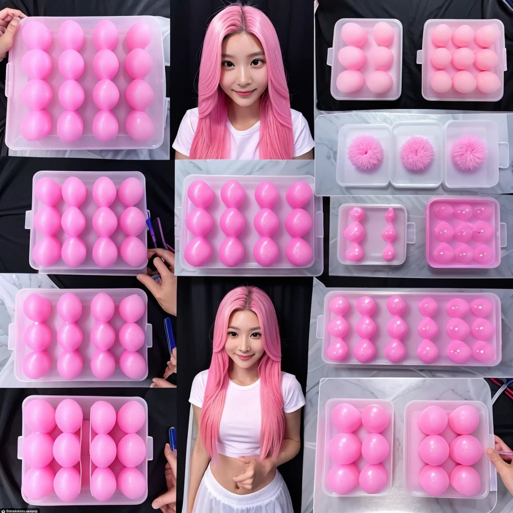 Create a slimy, slimy pink slime by absorbing and cloning a beautiful full-sized Korean model with pink hair in various stages