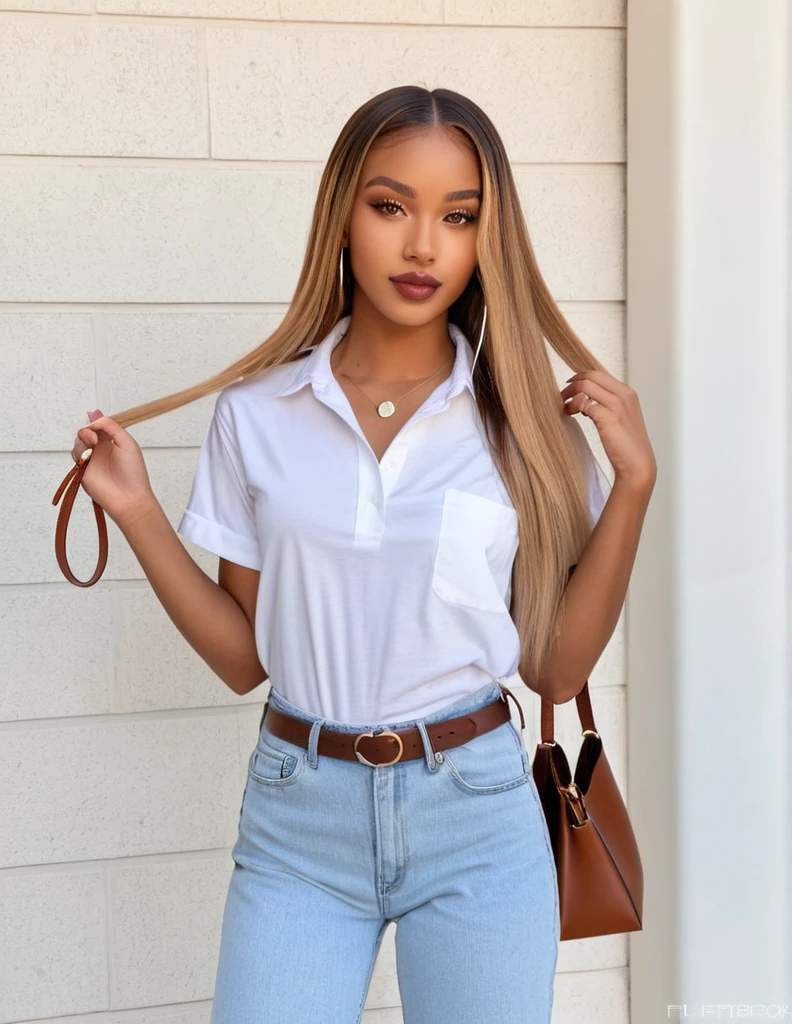 beautiful african mixed, 23 year_old, Fit_Figure,tall_height, with Long_blond_hair, light brown_skin,white_y2k_christian_oversized shirt,blue_baggy_jeans, holding a tote bag_chrom_drawing_on,almond eyes, cherry lips