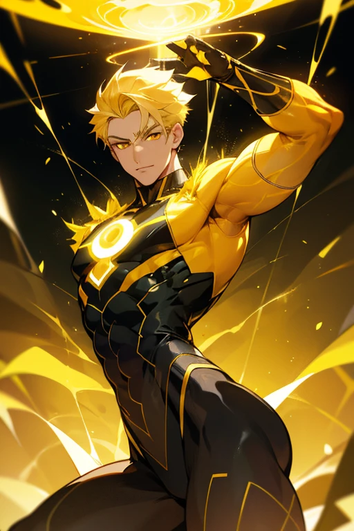 Male superhero, short blonde hair combed up, sculpted and confident face, with bright yellow eyes that seem to radiate energy, costume is predominantly black with bright yellow accents that resemble circuitry or energy flowing through the costume. these details are mainly around the chest, Arms and legs, His right arm is enveloped in bright yellow energy., that seems to be emanating from him.