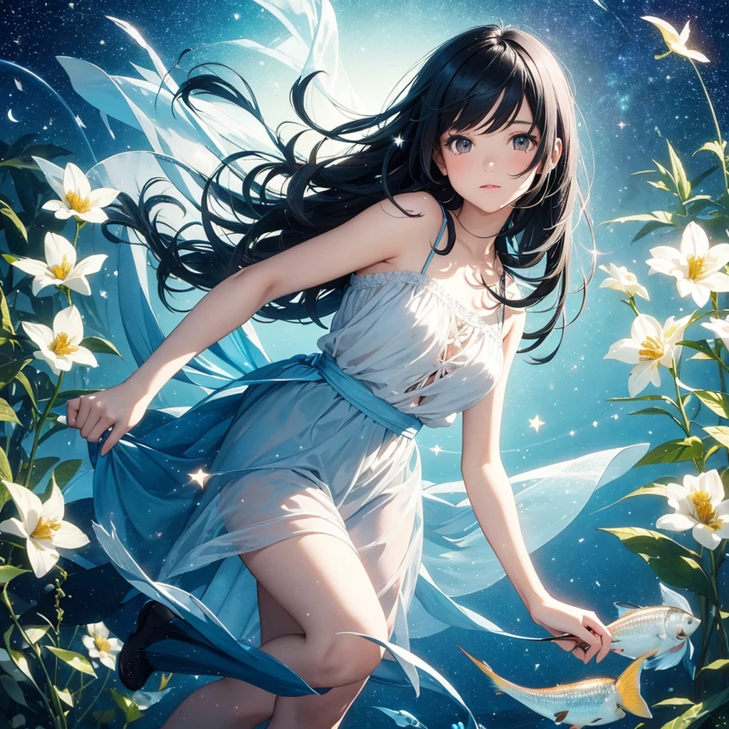 create an image, of a girl with shoulder length black hair playing with flowers and fish, something magical and deep, surrounded by stars and lights, funny and poetic. high quality