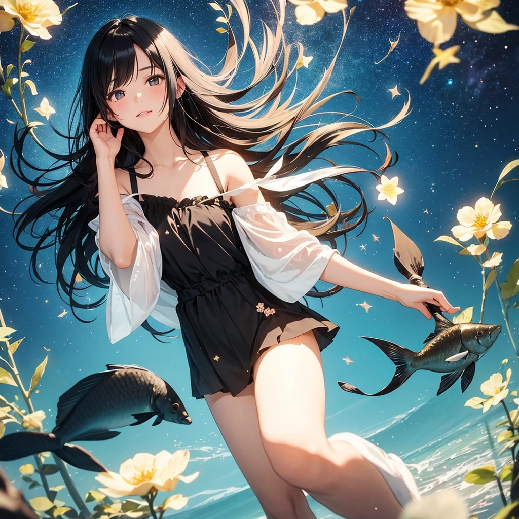 create an image, of a girl with shoulder length black hair playing with flowers and fish, something magical and deep, surrounded by stars and lights, funny and poetic. high quality