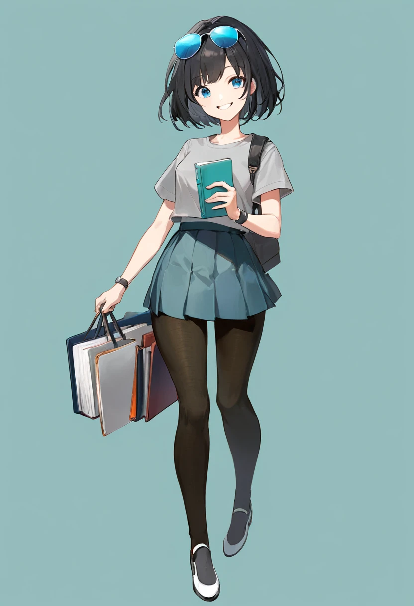 masterpiece, high quality, illustration, simple background, cyan background, high resolution, gradient background, 1girl, solo, fullbody, grey jacket, short hair, side swept bangs, black hair , blue eyes , sunglasses, holding book, long skirt, black pantyhose, smile , short sleeves